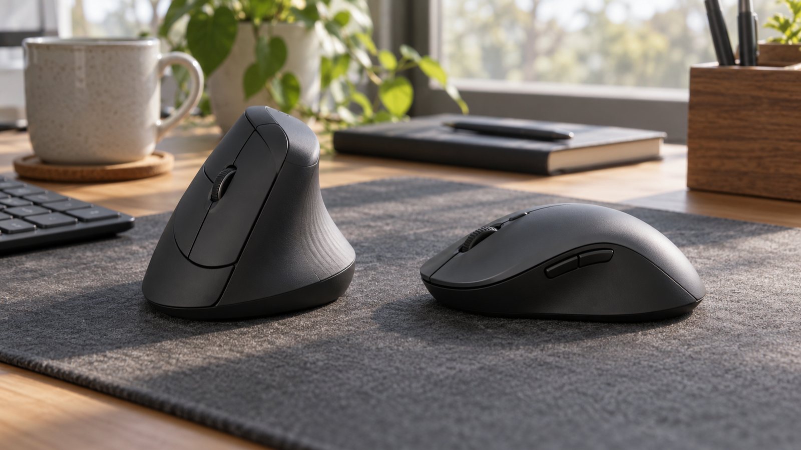 A vertical mouse and a sculpted mouse on a desk mat (illustrative)