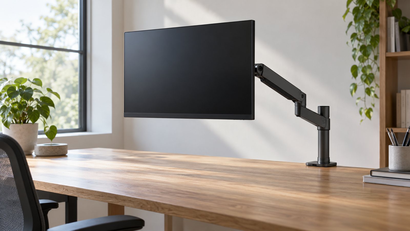 A monitor arm holding a screen above a wooden desk (illustrative)