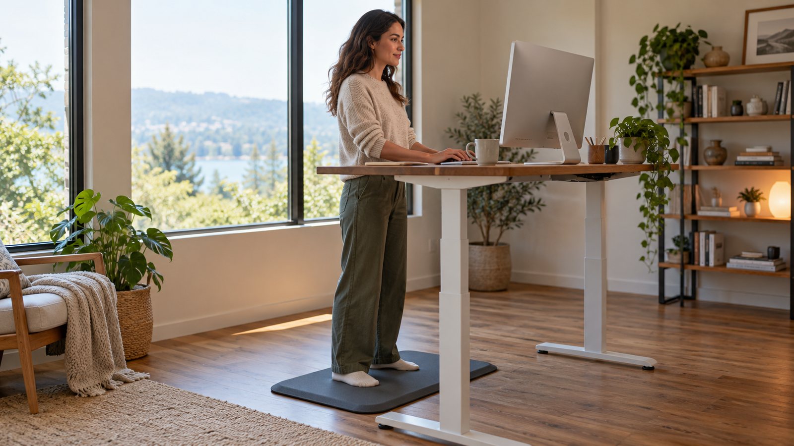A person standing at a raised desk with relaxed posture (illustrative)