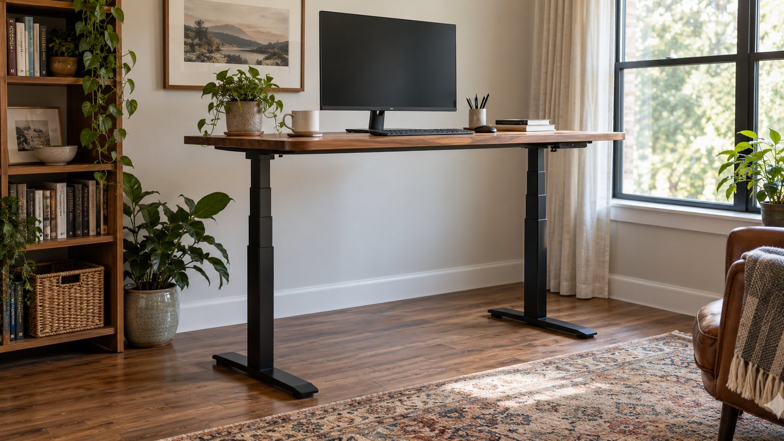 An electric sit-stand desk raised to standing height in a home office (illustrative)
